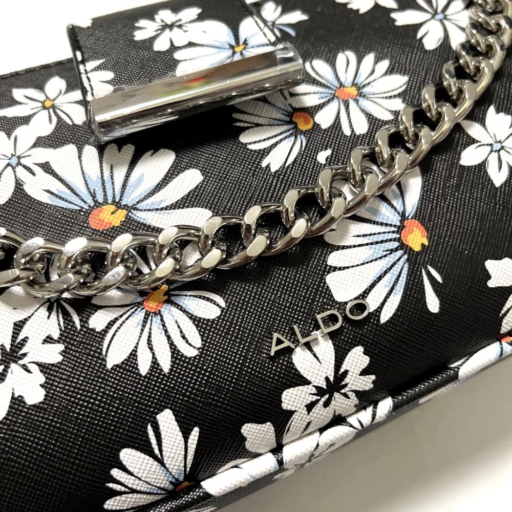 ALDO Daisy Floral Shoulder Bag Black White Chain Baguette Purse NWT